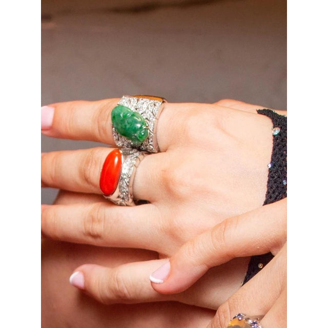 2020s Japanese Red Coral (OX Blood Coral) and Diamond Ring in 18K White Gold, Size 7.5 For Sale - Image 5 of 12