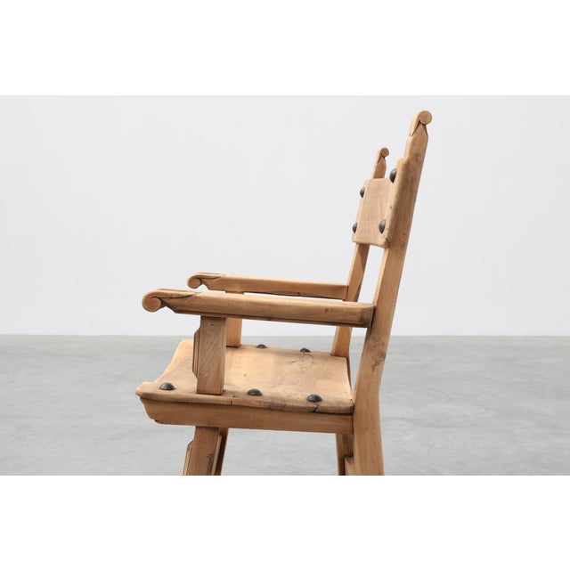 1950s Brutalist Armchair with Carved Rosettes and Nailed Wooden Seat, Spain, 1950s For Sale - Image 5 of 16