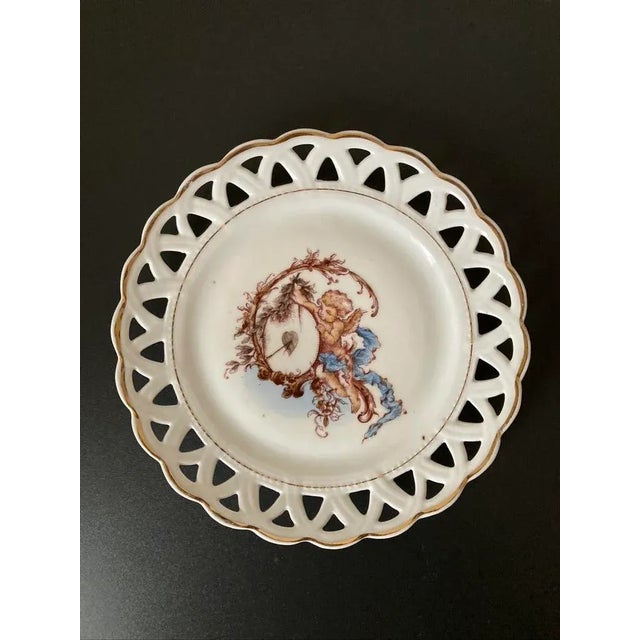 Antique English Romantic Cherub Cupid Valentines Heart Porcelain Plate With Reticulated Margin and Gold Rim For Sale - Image 12 of 12