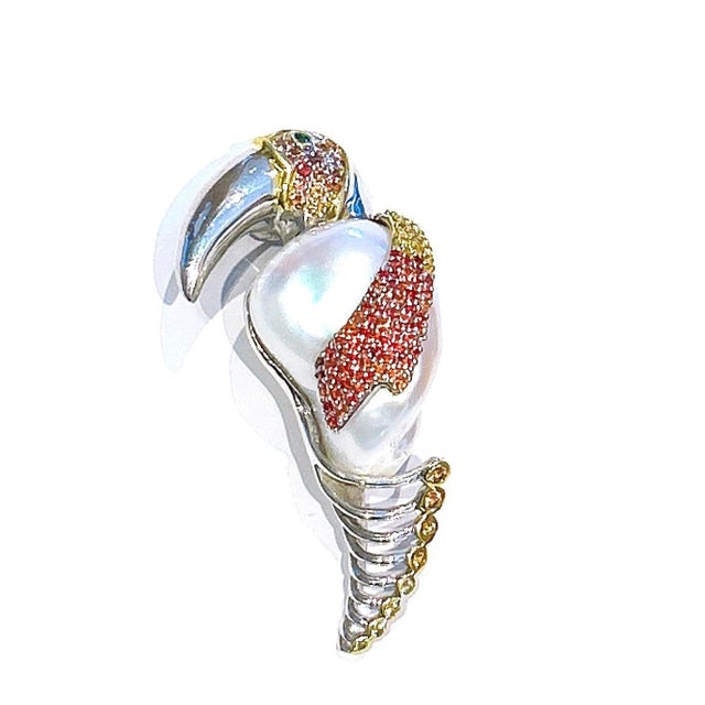 Bochic “Orient” Vintage Ruby, Sapphire & White South Sea Pearl Brooch 18K Gold For Sale In New York - Image 6 of 11