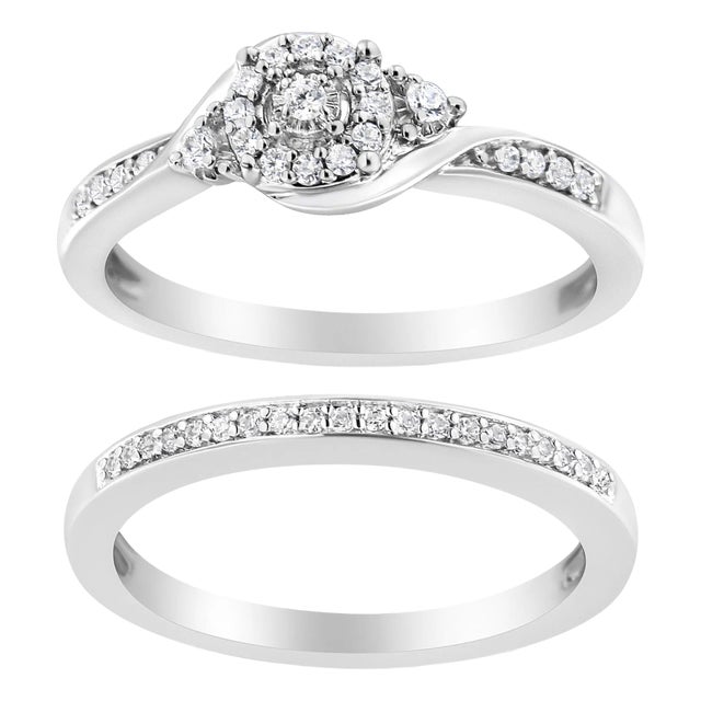 .925 Sterling Silver 1/4 Cttw Diamond Halo and Swirl Engagement Ring and Wedding Band Set (I-J Color, I3 Clarity)- Ring Size 9 For Sale
