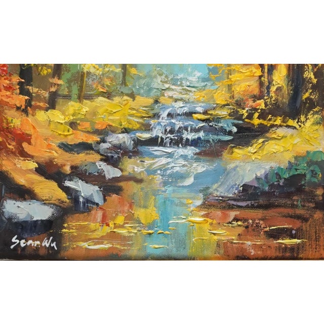 Original oil landscape by Sean Wu, The stream in the autumn woods flows under the golden sunlight.