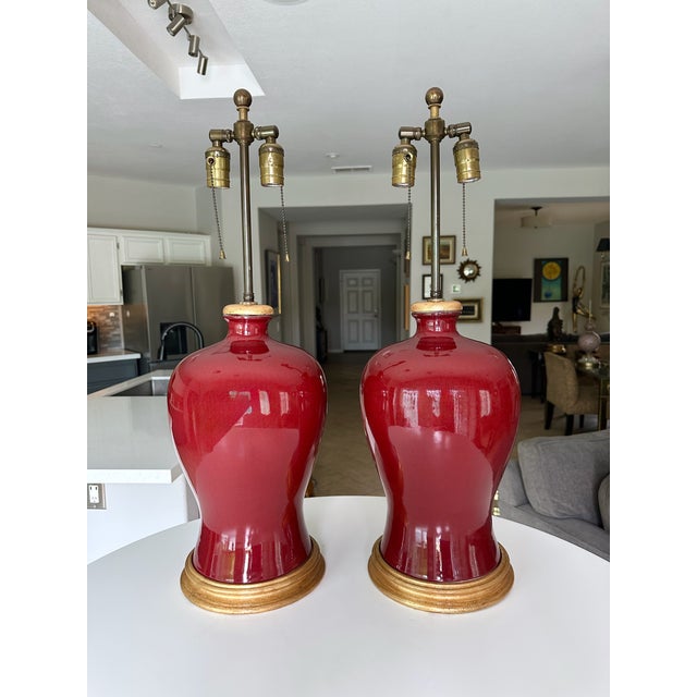 1960s Pair Asian Sang De Boeuf Oxblood Meiping Porcelain Table Lamps For Sale - Image 4 of 18