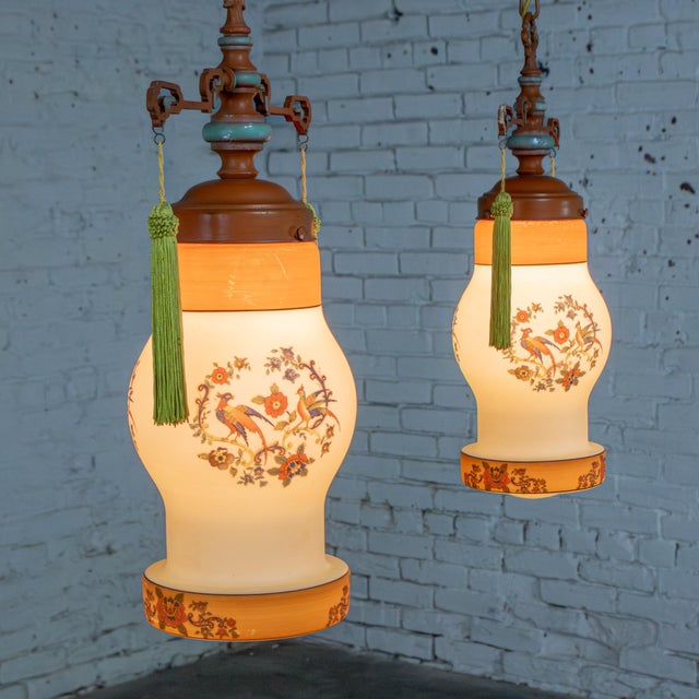 Early 20th Century Chinoiserie to Art Deco to Art Nouveau Pendant Lights Hand Painted Avian a Pair Fabulous vintage...