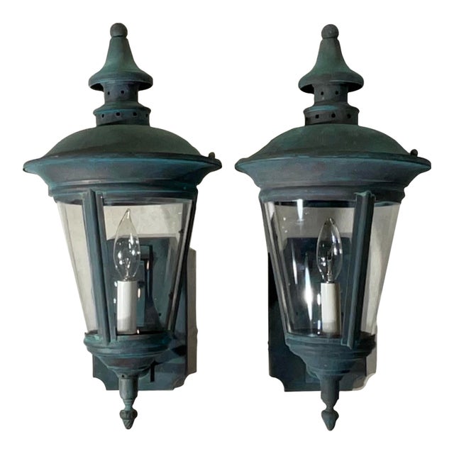 Timeless Elegance: Pair of Antique Verdigris Brass Wall Lanterns For Sale