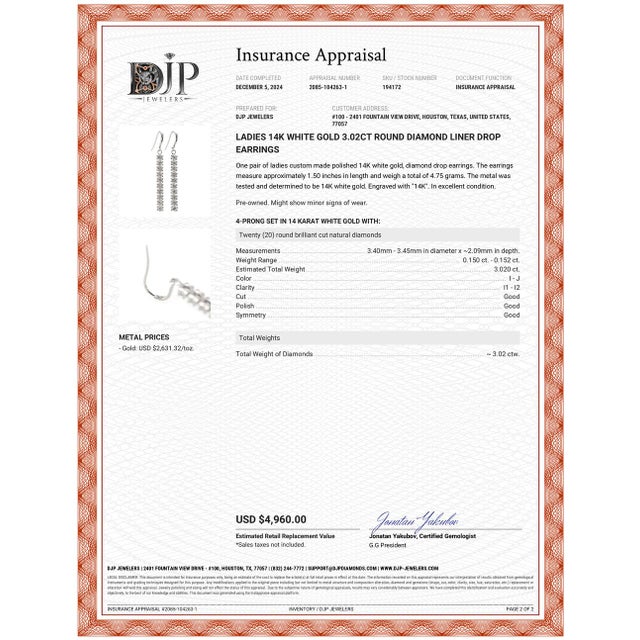 Ladies 14k White Gold 3.02ct Round Diamond Liner Drop Earrings - 2 Pieces For Sale In Houston - Image 6 of 6