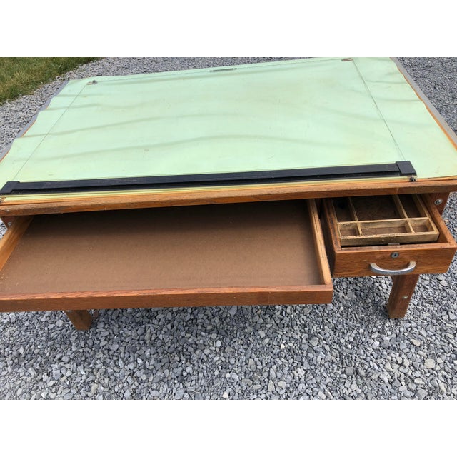 Vintage Industrial Wood Drafting Table With Tilt Top by Mayline | Chairish