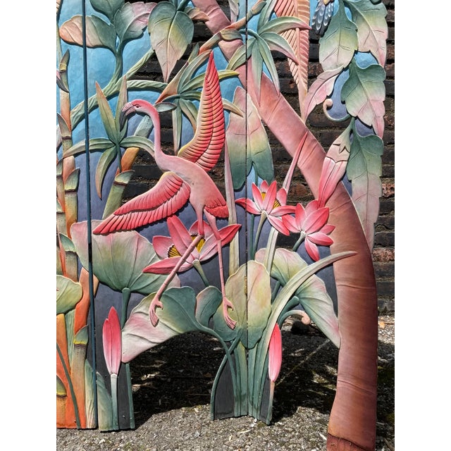 Wood Original 1950s MCM Hand Painted Flamingo Tropical 5 Panel Carved Wood Room Divider For Sale - Image 7 of 14