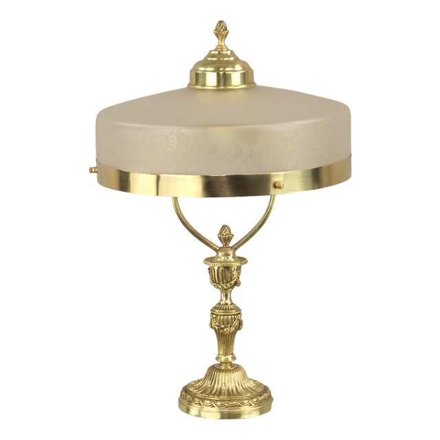 Art Nouveau French Brass Ladies Table Lamp with Etched Glass Shade, 1910s For Sale