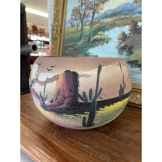Folk Art Hand-Painted Terracotta Desert Landscape Pot Marked "Mexico" For Sale - Image 3 of 9