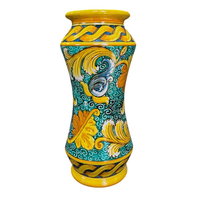A vibrant hand-painted Tuscan majolica vase from Montelupo, Italy, inspired by traditional Renaissance ceramics, signed...