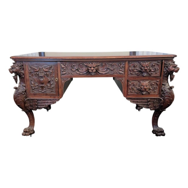 Antique Rj Horner-Style Mahogany Partners Desk With Winged Griffins For Sale