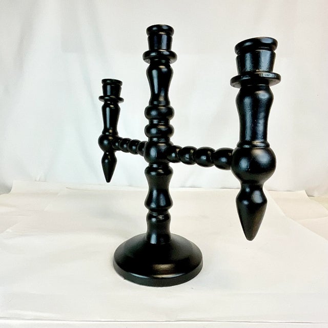 Cinco De Mayo - Vintage Boho Chic Mexican Ebonized Hand-Turned Wood 3-Arm Candelabra. For Sale - Image 6 of 9
