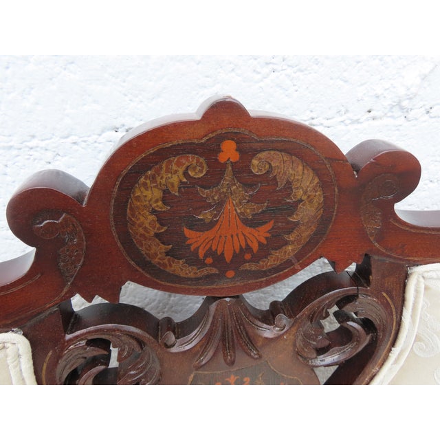 Late 19th Century Victorian Late 1880s Carved Inlay Side Chairs a Pair 6643 For Sale - Image 5 of 17