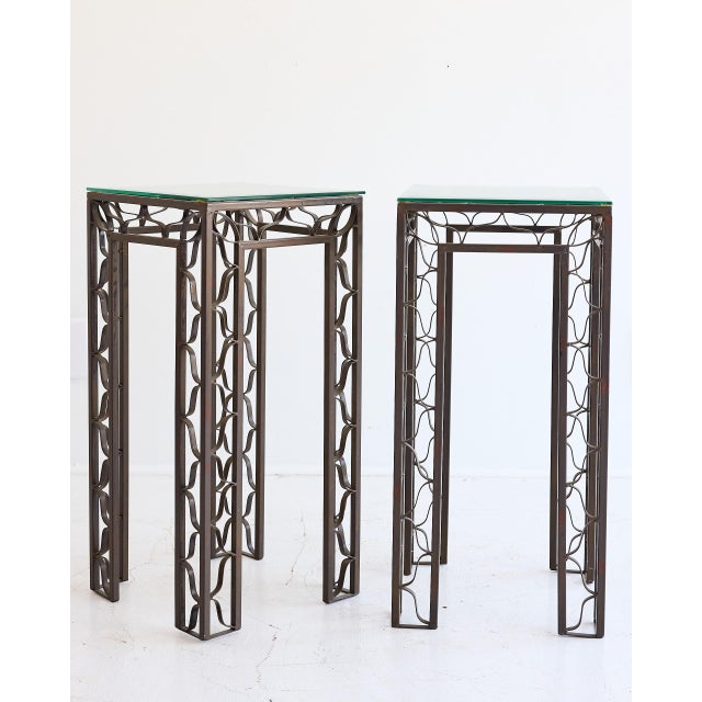 Art Nouveau Pair of Pedestal Tables With Metalwork Frames and Glass Tops, Indoor/Outdoor For Sale - Image 3 of 15