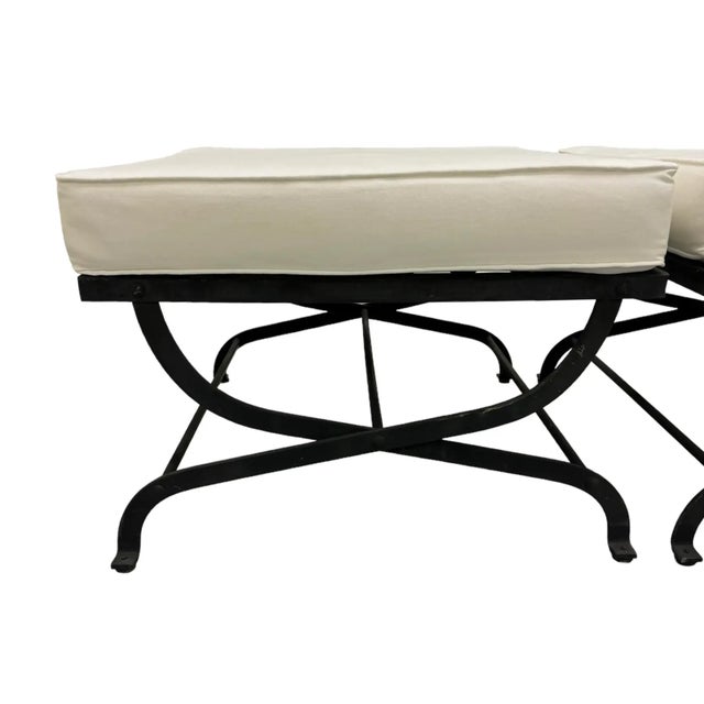 Late 20th Century Pair Iron Lattice Top Curule Style Ottomans For Sale - Image 5 of 9