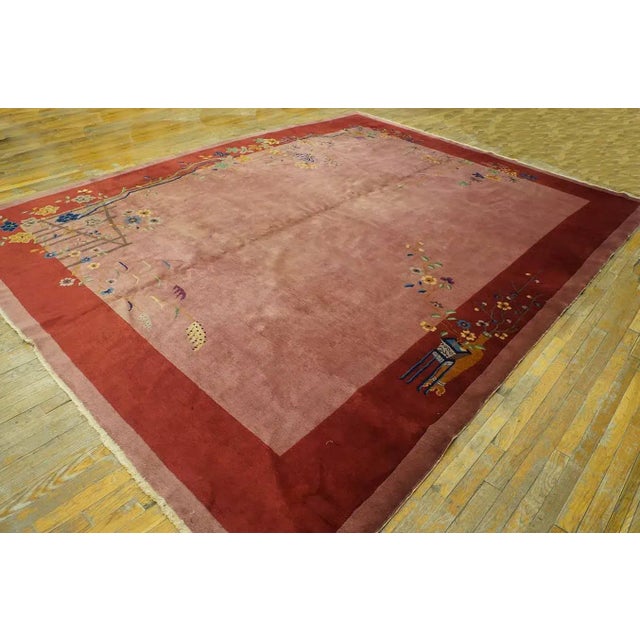 1920s Pink Rose Open Floral Vase Antique Chinese Art Deco Carpet 9' X 11' 7" Knotted Wool Rug For Sale - Image 12 of 12