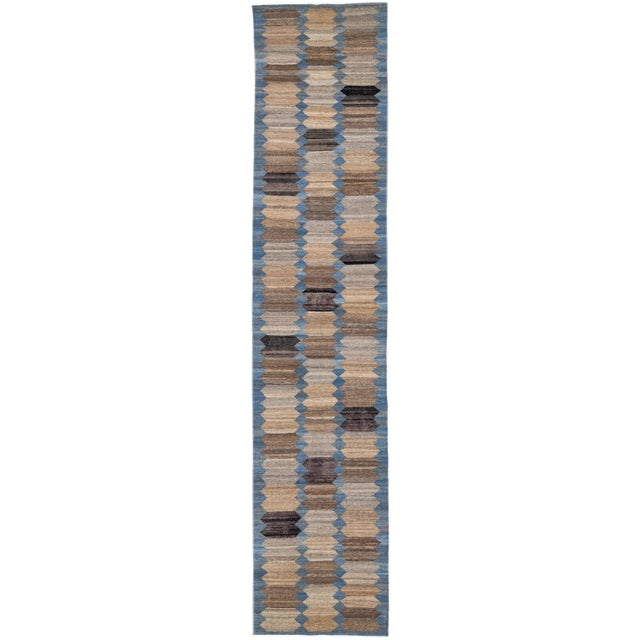 Textile 2020s Blue & Brown Flatweave Kilim Wool Runner With a Modern Abstract Design For Sale - Image 7 of 7