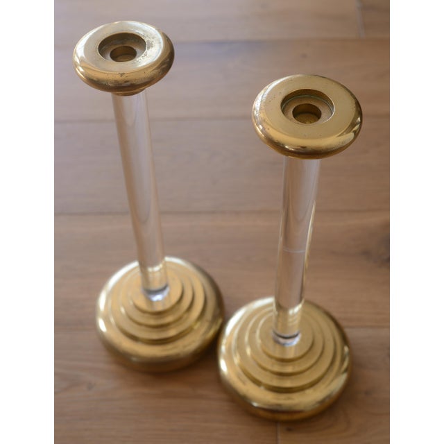 Metal Charles Hollis Jones Art Deco Style Lucite & Brass Candlesticks - A Pair For Sale - Image 7 of 7
