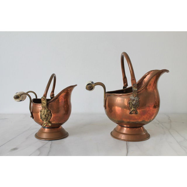Farmhouse Copper and Brass Scuttle Coal Bucket Lion Head Planters - A Pair For Sale - Image 3 of 14