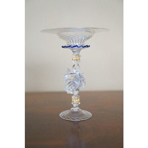 Blue Vintage Venetian Murano-Style Dolphin Stem Glass Compote With Cobalt Rim For Sale - Image 8 of 9