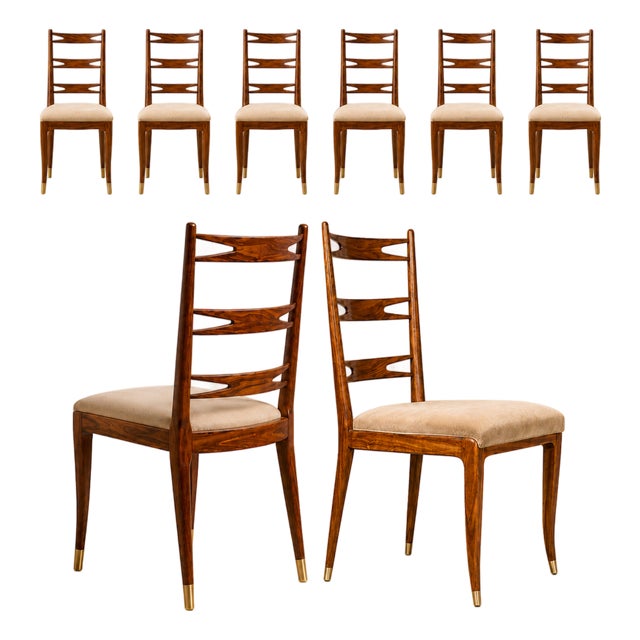 Set of Eight Brazilian Modern Dining Chairs in Caviúna & Warm Ivory Mohair, Giuseppe Scapinelli, 1950s For Sale