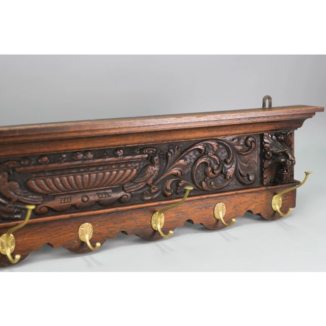 Brown Antique French Hand-Carved Oak and Brass Wall Coat Rack with Lion Heads, 1900s For Sale - Image 8 of 18
