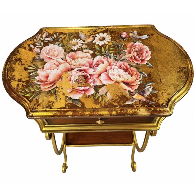 Late 20th Century One-of-a-Kind Vintage Accent Table With 18k Gold Foil, Hand-Painted Floral & Bird Motif For Sale - Image 5 of 10