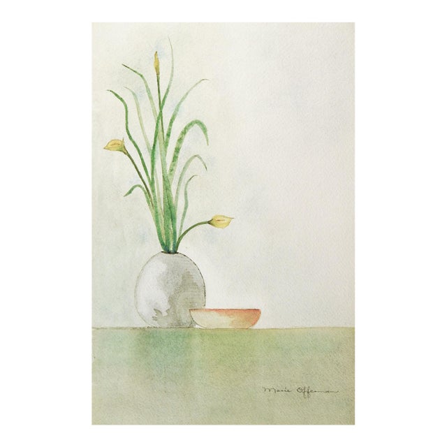 Mid 20th Century Minimalist Floral Still Life Watercolor Painting For Sale
