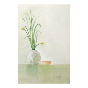 Mid 20th Century Minimalist Floral Still Life Watercolor Painting