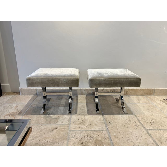 1970s Pair of Accent Stools, Ottomans in Chromed Steel & Velvet For Sale - Image 13 of 14