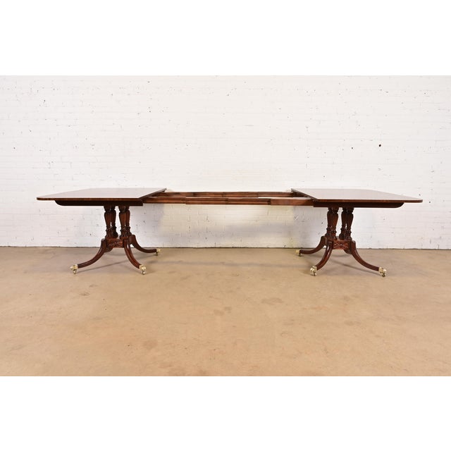 Baker Furniture Historic Charleston Georgian Banded Mahogany Double Pedestal Extension Dining Table, Newly Refinished For Sale In South Bend - Image 6 of 14