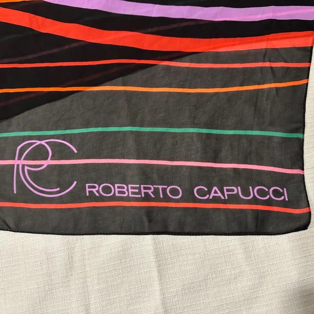 Black 1980s Polychrome Italian Long Silk Scarf by Roberto Capucci For Sale - Image 8 of 9