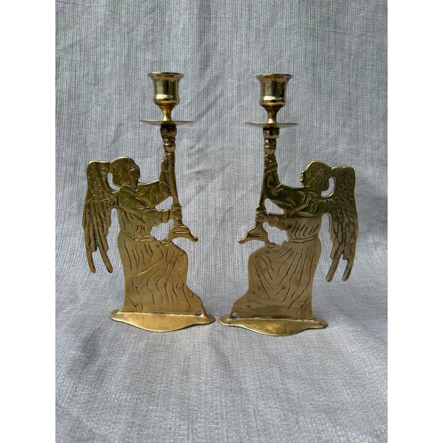 Vintage Brass Angel Figural Candlesticks Holders a Pair For Sale - Image 9 of 16