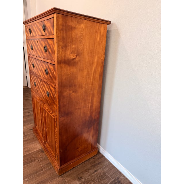 Antique Tiger Maple Gentleman’s Chest of Drawers Late Victorian Curly Maple Chiffonier Refinished Fiddleback Wood Tallboy Cabinet 53" For Sale - Image 15 of 16