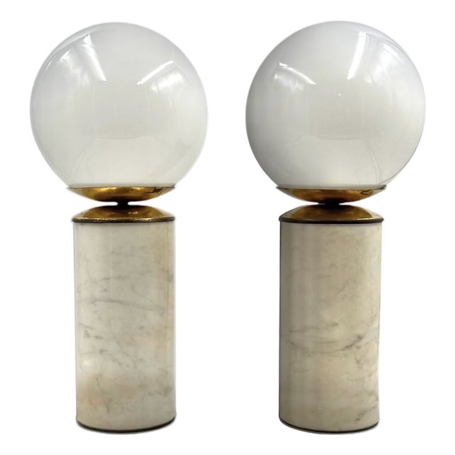 Hollywood Regency Carrara Marble & Brass Table Lamps, LuciRhytmo, Italy, 1970s, Set of 2 For Sale