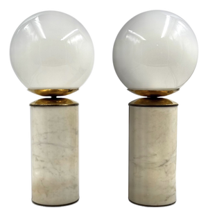 Hollywood Regency Carrara Marble & Brass Table Lamps, LuciRhytmo, Italy, 1970s, Set of 2