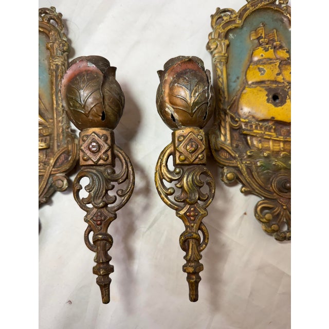 Metal Antique Lincoln Spanish Galleon Electric Wall Sconces Fixtures Ship - a Pair For Sale - Image 7 of 11