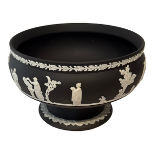 Vintage Wedgwood Black Jasperware Pedestal Bowl With White Classical Relief Motifs