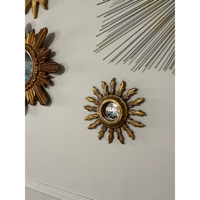 1940s French Petite 9.5" Giltwood Sunburst Convex Wall Mirror For Sale - Image 14 of 15
