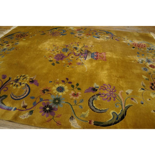 1920s 1920s Yellow Floral Antique Chinese Art Deco Rug 8'8"x11'4" Knotted Wool Carpet For Sale - Image 5 of 9