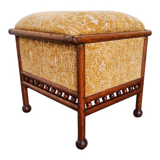 Early 20th Century Small Art Deco Yellow Fabric and Oak Foot Stool Ottoman For Sale