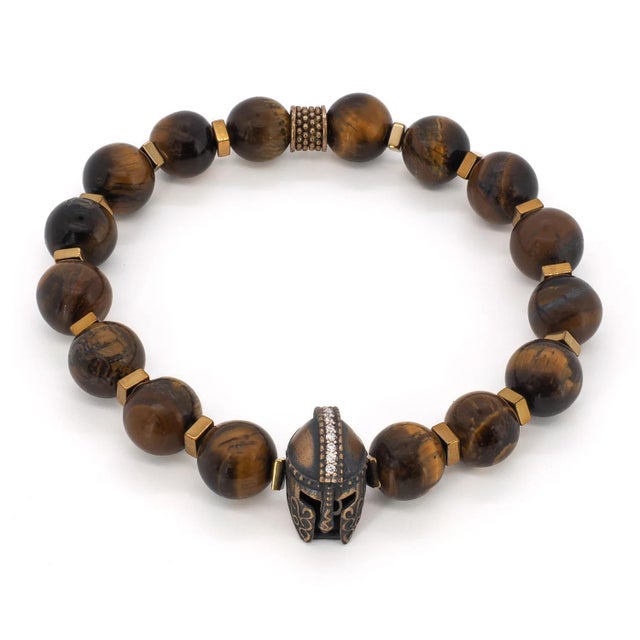 Gemstone Tiger's Eye Stone Beaded Gladiator Men's Bracelet For Sale - Image 7 of 7