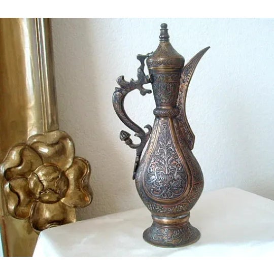 Metal Antique Aftaba Ewer Teapot Silver Chased Tombac Kashmir Bukhara Hamsa Goose Nastaliq Naskh Script For Sale - Image 7 of 13