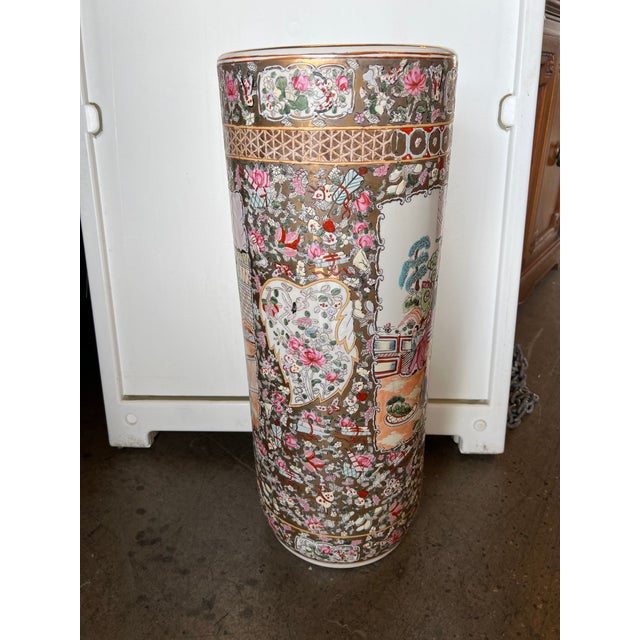 Mid 20th Century Mid Century Asian Umbrella/Cane Stand With Gold Accents Rose Medallion Style For Sale - Image 5 of 13