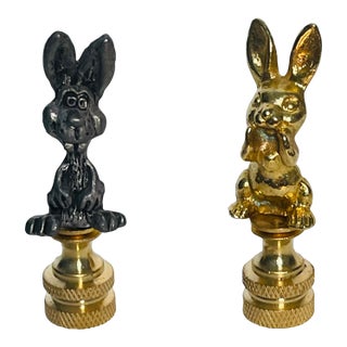 1970s Brass Metal Rabbit Figurines Lamp Finials - a Pair For Sale
