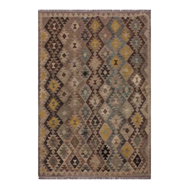 Shabby Chic Kilim Tan Green Wool Rug - 5'10" X 7'7" For Sale