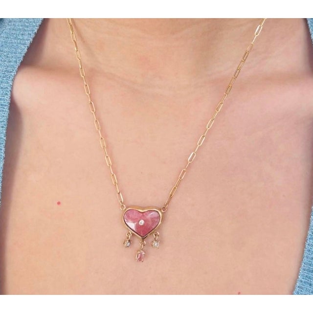 Rhodochrosite Heart Necklace With Diamonds, Spinel & 14k Gold Paperclip Chain For Sale In New York - Image 6 of 7