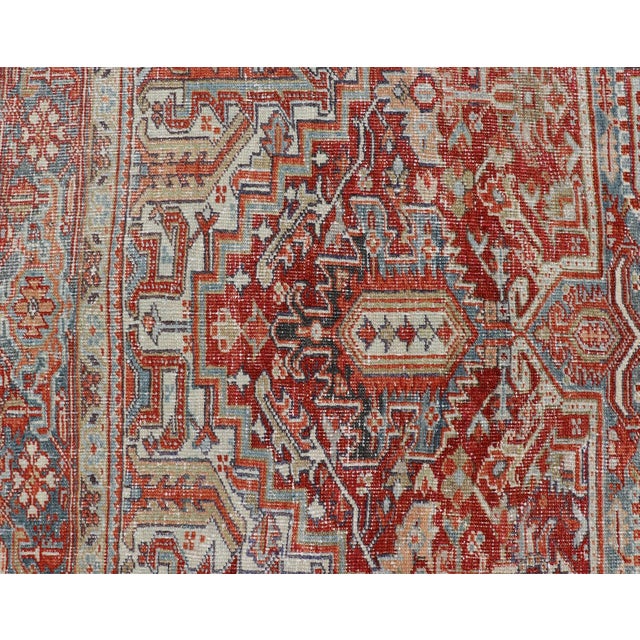 Textile Antique Persian Heriz Rug With Striking Geometric Medallion and Intricate Detailing 7'11"x10'3" For Sale - Image 7 of 12