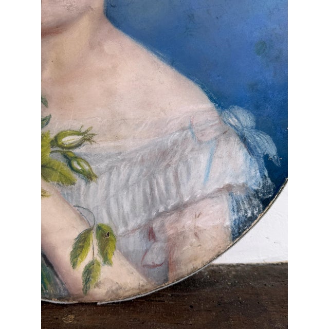 Oval Portrait of a Young Girl with Flowers, 1800s, Pastel Artwork For Sale - Image 10 of 18